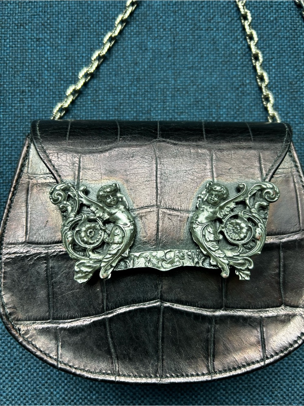 Black Croc-Embossed Leather Shoulder Bag with Ornate Silver Accent